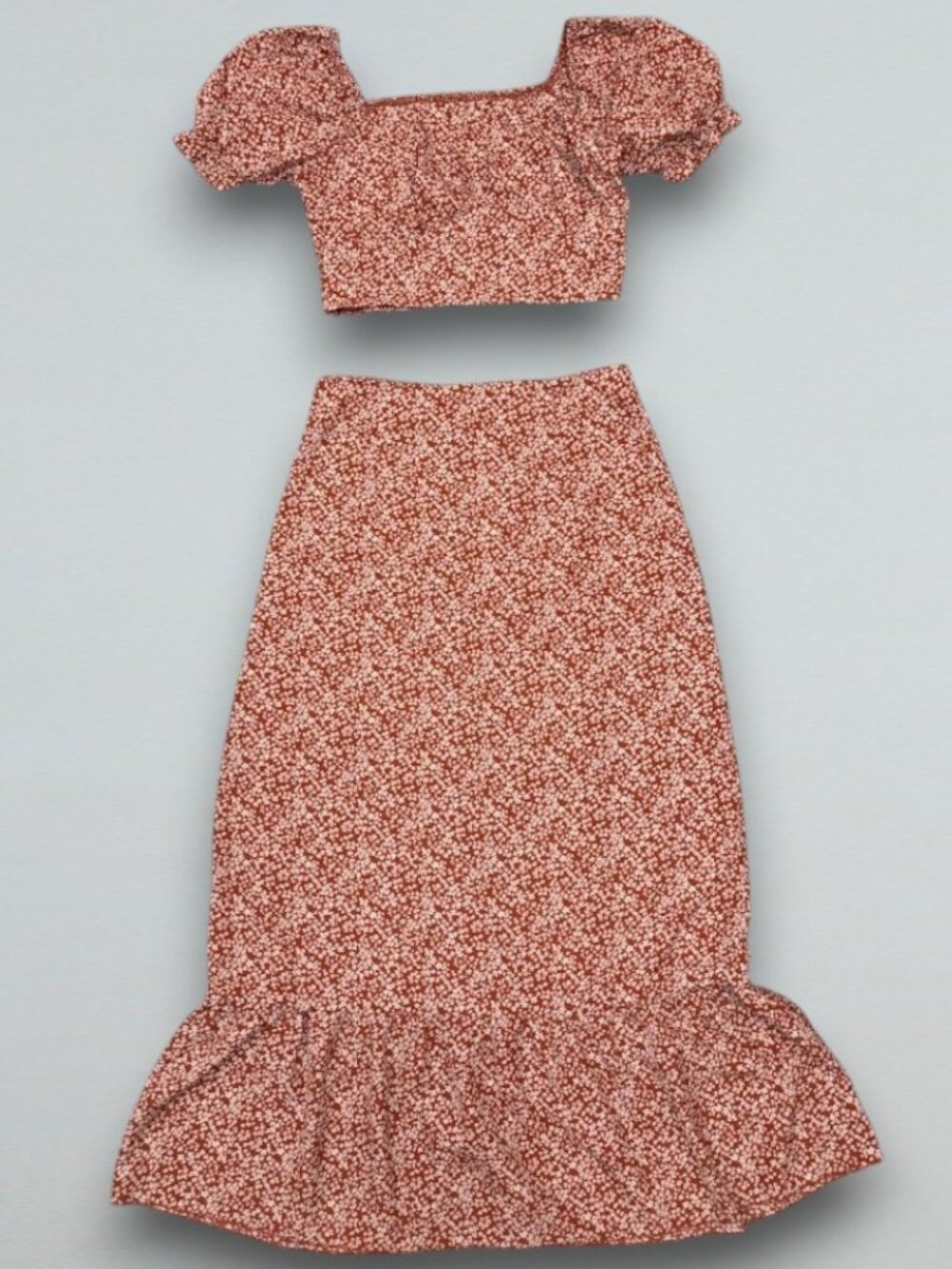 Floral Crop Top & Midi Skirt Matching Set Puff Sleeve Cottagecore M